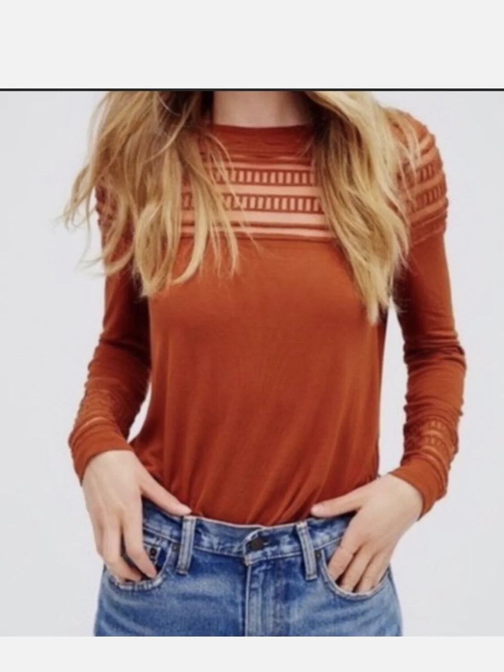 Free People “Roxie” Sheer Mesh Panel Detail Boho Long Sleeve Top• Small